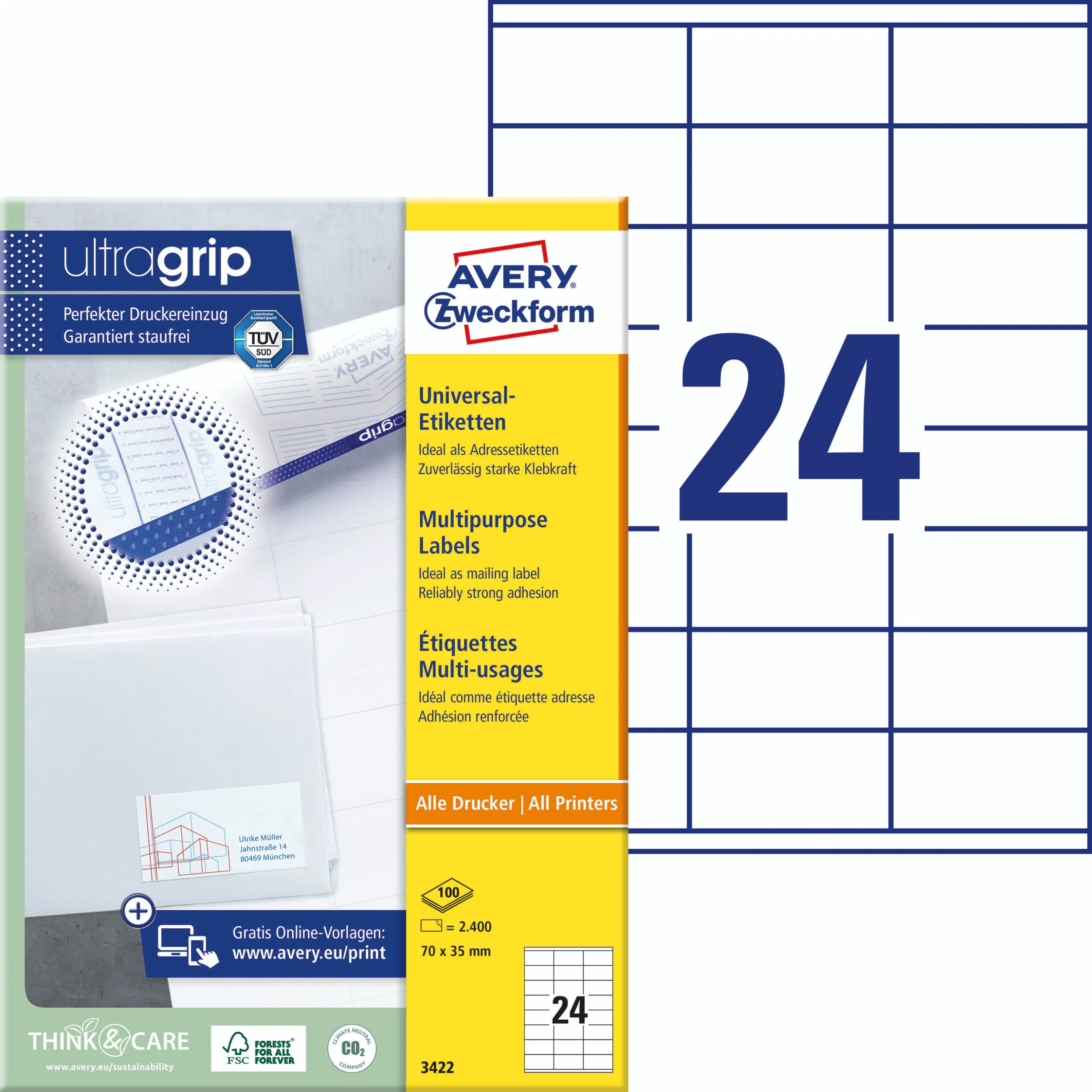 Avery Zweckform 3652 Universal-Etiketten, A4 Mit Ultragrip, Adressaufkleber, 70 X 42,3 Mm, 100 Bogen/2.100 Etiketten, Weiß 4 Avery Zweckform 3652 Universal-Etiketten, A4 Mit Ultragrip, Adressaufkleber, 70 X 42,3 Mm, 100 Bogen/2.100 Etiketten, Weiß – Bild 4