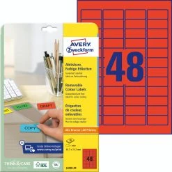 Avery Zweckform L6038-20 Farbige Etiketten, Ablösbar, A4, 45,7 X 21,2 Mm, 20 Bogen/960 Etiketten, Rot