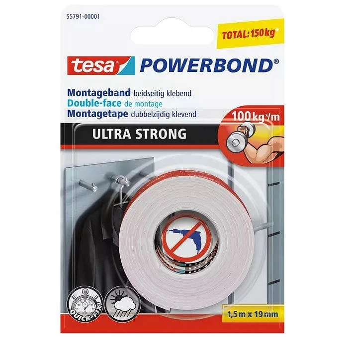Tesa Powerbond ULTRA STRONG, Doppelseitiges Montageband, 19mm X 1,5m, Farblos 1 Tesa Powerbond ULTRA STRONG, Doppelseitiges Montageband, 19mm X 1,5m, Farblos