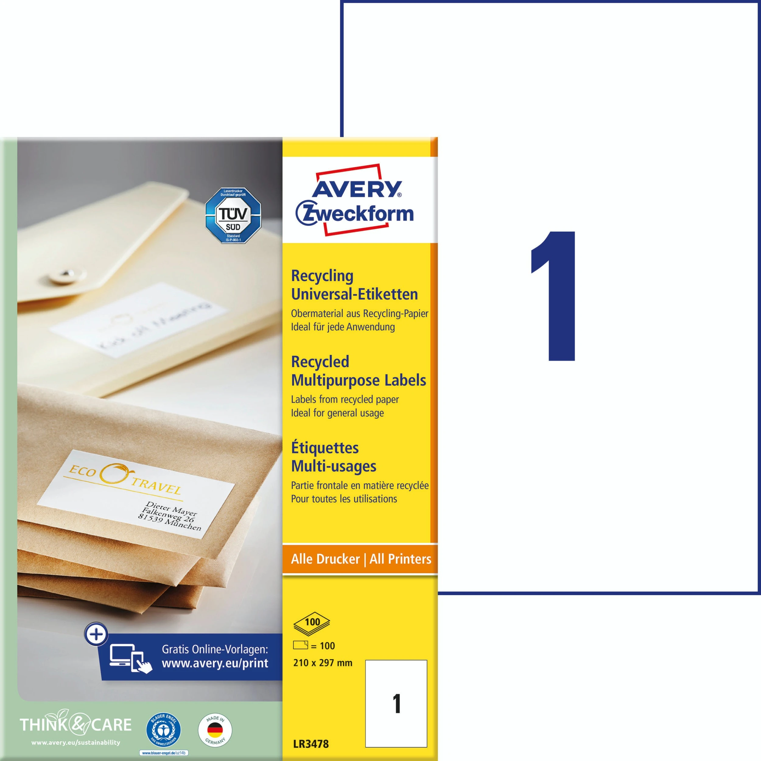Avery Zweckform LR3657 Recycling Universal-Etiketten, A4, 48,5 X 25,4 Mm, 100 Bogen/4.000 Etiketten, Naturweiß 2 Avery Zweckform LR3657 Recycling Universal-Etiketten, A4, 48,5 X 25,4 Mm, 100 Bogen/4.000 Etiketten, Naturweiß – Bild 2