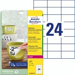 Avery Zweckform L4718REV-20 Wetterfeste Etiketten, Ablösbar, 70 X 37 Mm, 20 Bogen/480 Etiketten, Weiß