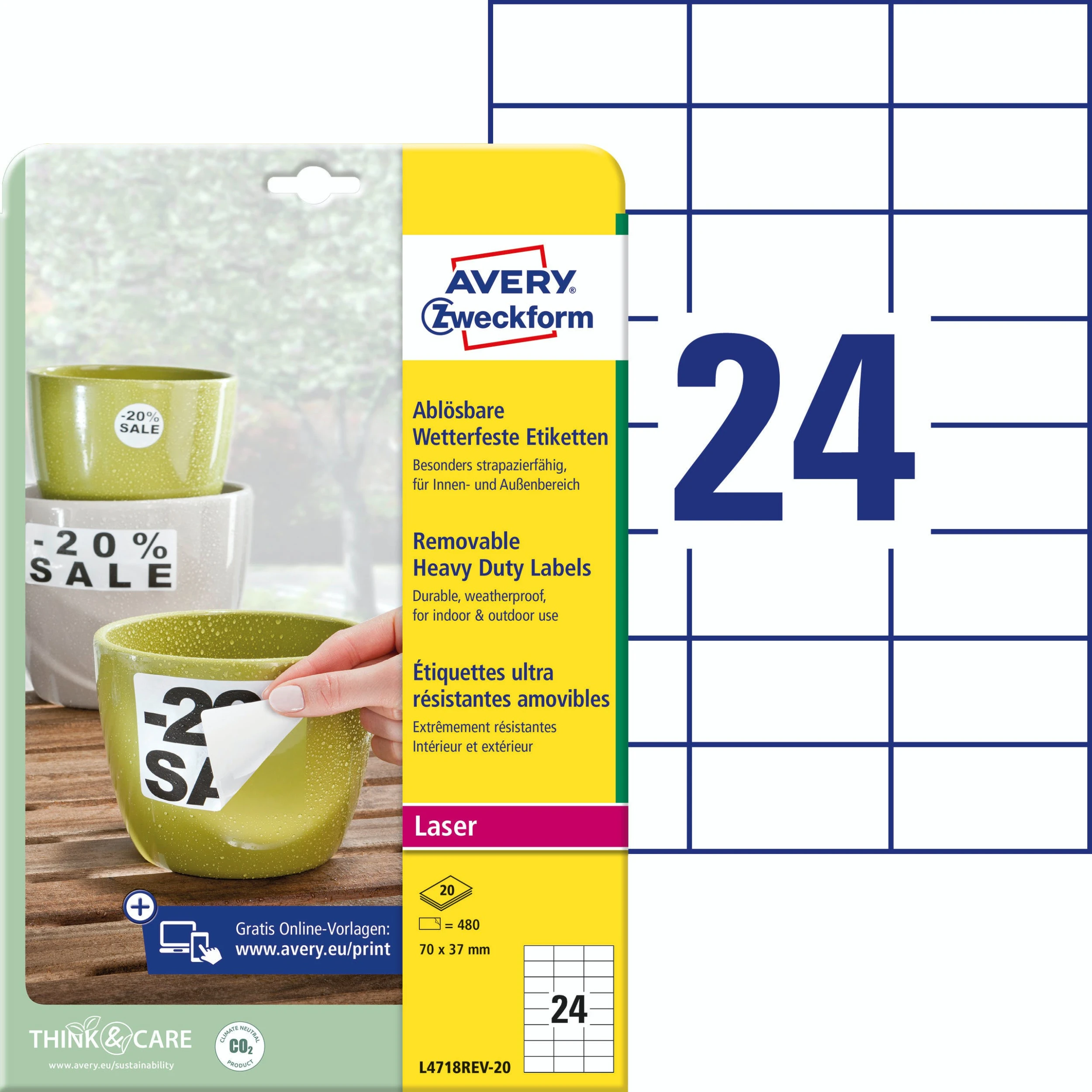 Avery Zweckform L4718REV-20 Wetterfeste Etiketten, Ablösbar, 70 X 37 Mm, 20 Bogen/480 Etiketten, Weiß 1 Avery Zweckform L4718REV-20 Wetterfeste Etiketten, Ablösbar, 70 X 37 Mm, 20 Bogen/480 Etiketten, Weiß