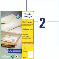 Avery Zweckform LR3655 Recycling Universal-Etiketten, A4, 210 X 148 Mm, 100 Bogen/200 Etiketten, Naturweiß