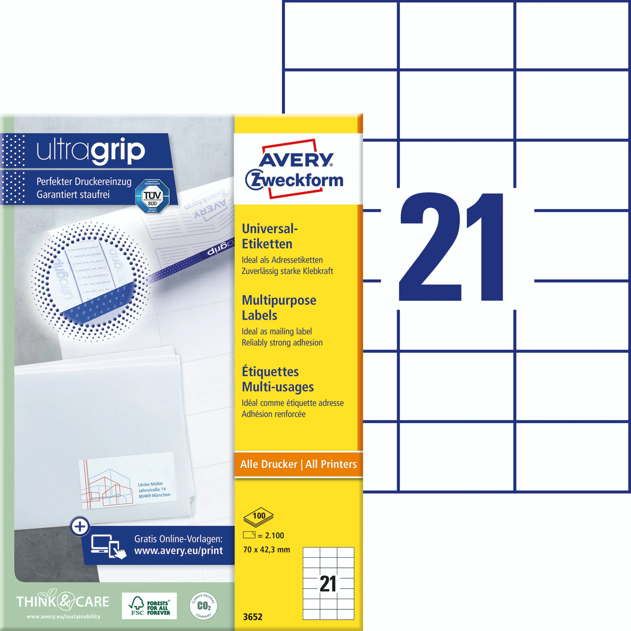 Avery Zweckform 3422 Universal-Etiketten, A4 Mit Ultragrip, Adressaufkleber, 70 X 35 Mm, 100 Bogen/2.400 Etiketten, Weiß 5 Avery Zweckform 3422 Universal-Etiketten, A4 Mit Ultragrip, Adressaufkleber, 70 X 35 Mm, 100 Bogen/2.400 Etiketten, Weiß – Bild 5