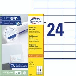 Avery Zweckform 3475 Universal-Etiketten, A4 Mit Ultragrip, Adressaufkleber, 70 X 36 Mm, 100 Bogen/2.400 Etiketten, Weiß