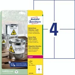 Avery Zweckform L4719-20 Wetterfeste Folien-Etiketten, 105 X 148 Mm, 20 Bogen/80 Etiketten, Weiß