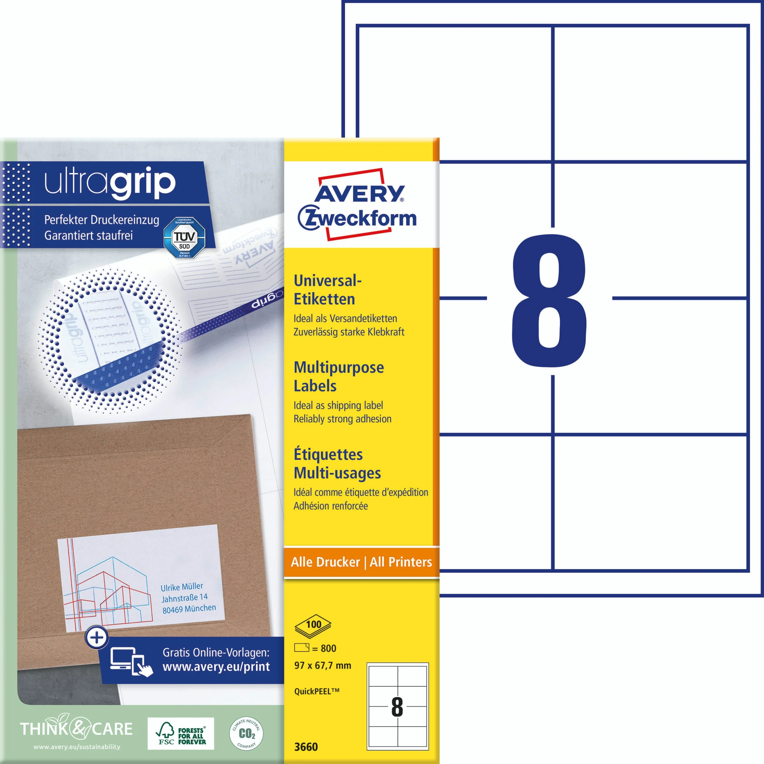 Avery Zweckform 3660 Universal-Etiketten, A4 Mit Ultragrip, 97 X 67,7 Mm, 100 Bogen/800 Etiketten, Weiß 1 Avery Zweckform 3660 Universal-Etiketten, A4 Mit Ultragrip, 97 X 67,7 Mm, 100 Bogen/800 Etiketten, Weiß