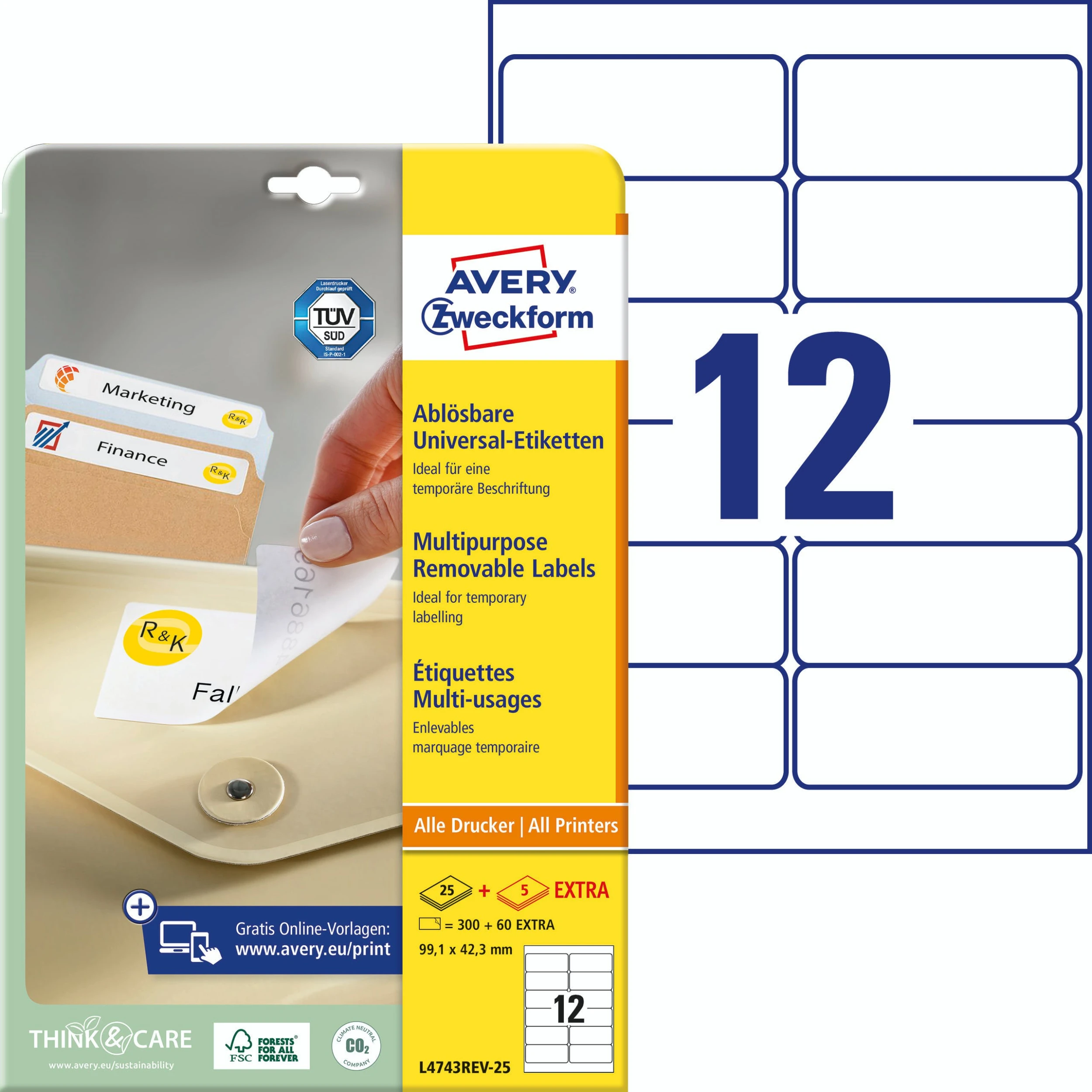 Avery Zweckform L4743REV-25 Universal-Etiketten, Ablösbar, A4, 99,1 X 42,3 Mm, 30 Bogen/360 Etiketten, Weiß 1 Avery Zweckform L4743REV-25 Universal-Etiketten, Ablösbar, A4, 99,1 X 42,3 Mm, 30 Bogen/360 Etiketten, Weiß