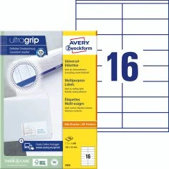Avery Zweckform 3423 Universal-Etiketten, A4 Mit Ultragrip, Adressaufkleber, 105 X 35 Mm, 100 Bogen/1.600 Etiketten, Weiß