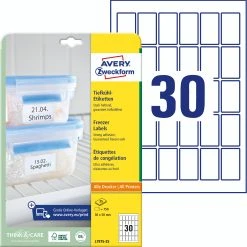 Avery Zweckform L7975-25 Tiefkühl-Etiketten, 30 X 50 Mm, Kälteresistentes Papier, 25 Bogen/750 Etiketten, Weiß