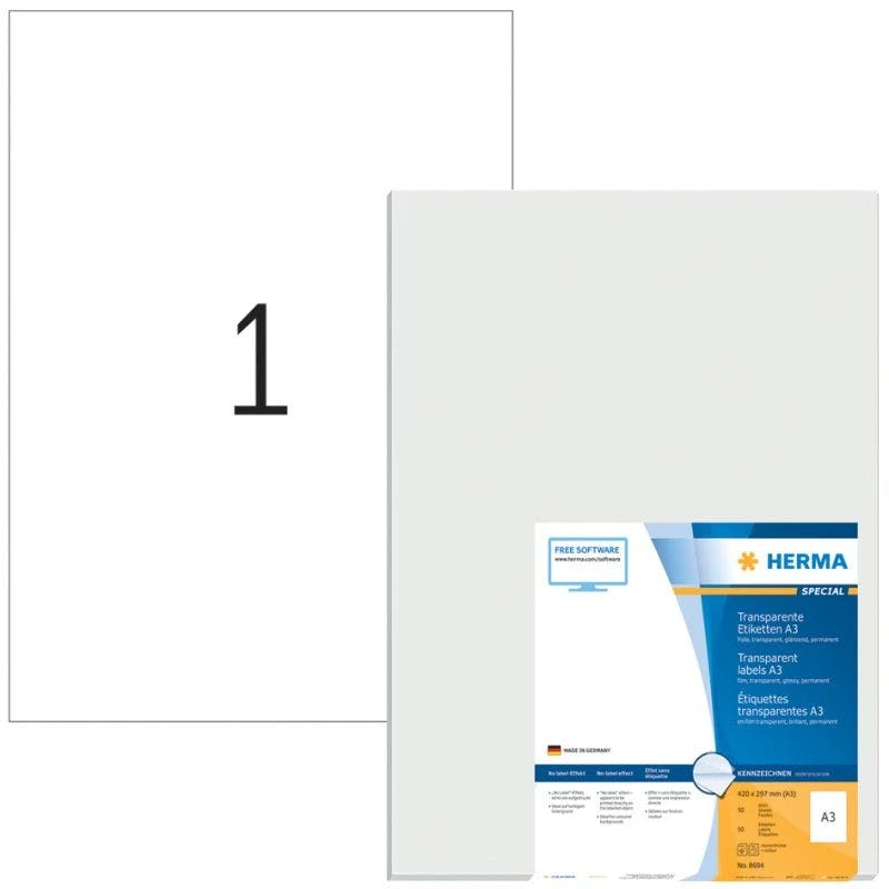 HERMA Folienetiketten, Transparent, A3, 297 X 420 Mm 1 HERMA Folienetiketten, Transparent, A3, 297 X 420 Mm