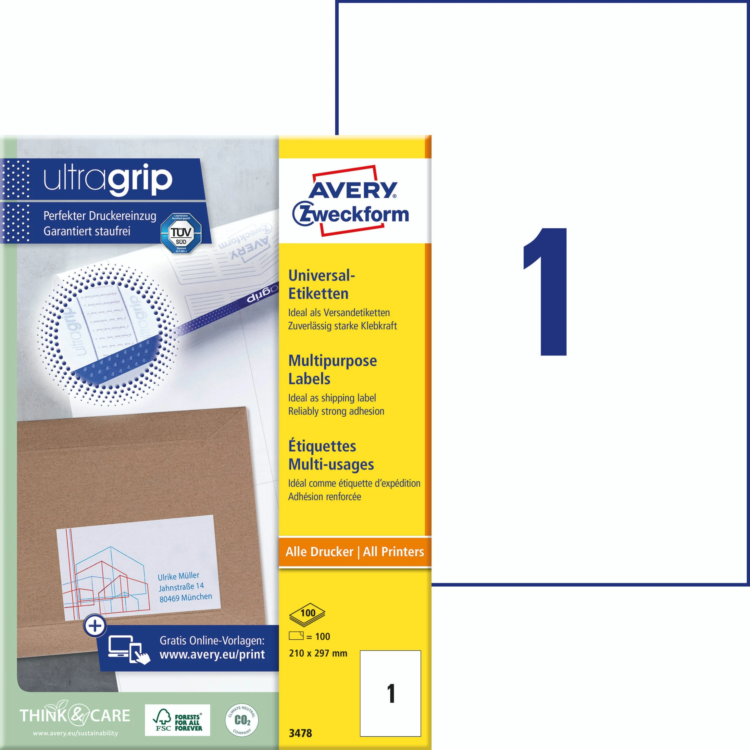 Avery Zweckform 3666 Universal-Etiketten, A4 Mit Ultragrip, 38 X 21,2 Mm, 100 Bogen/6.500 Etiketten, Weiß 3 Avery Zweckform 3666 Universal-Etiketten, A4 Mit Ultragrip, 38 X 21,2 Mm, 100 Bogen/6.500 Etiketten, Weiß – Bild 3