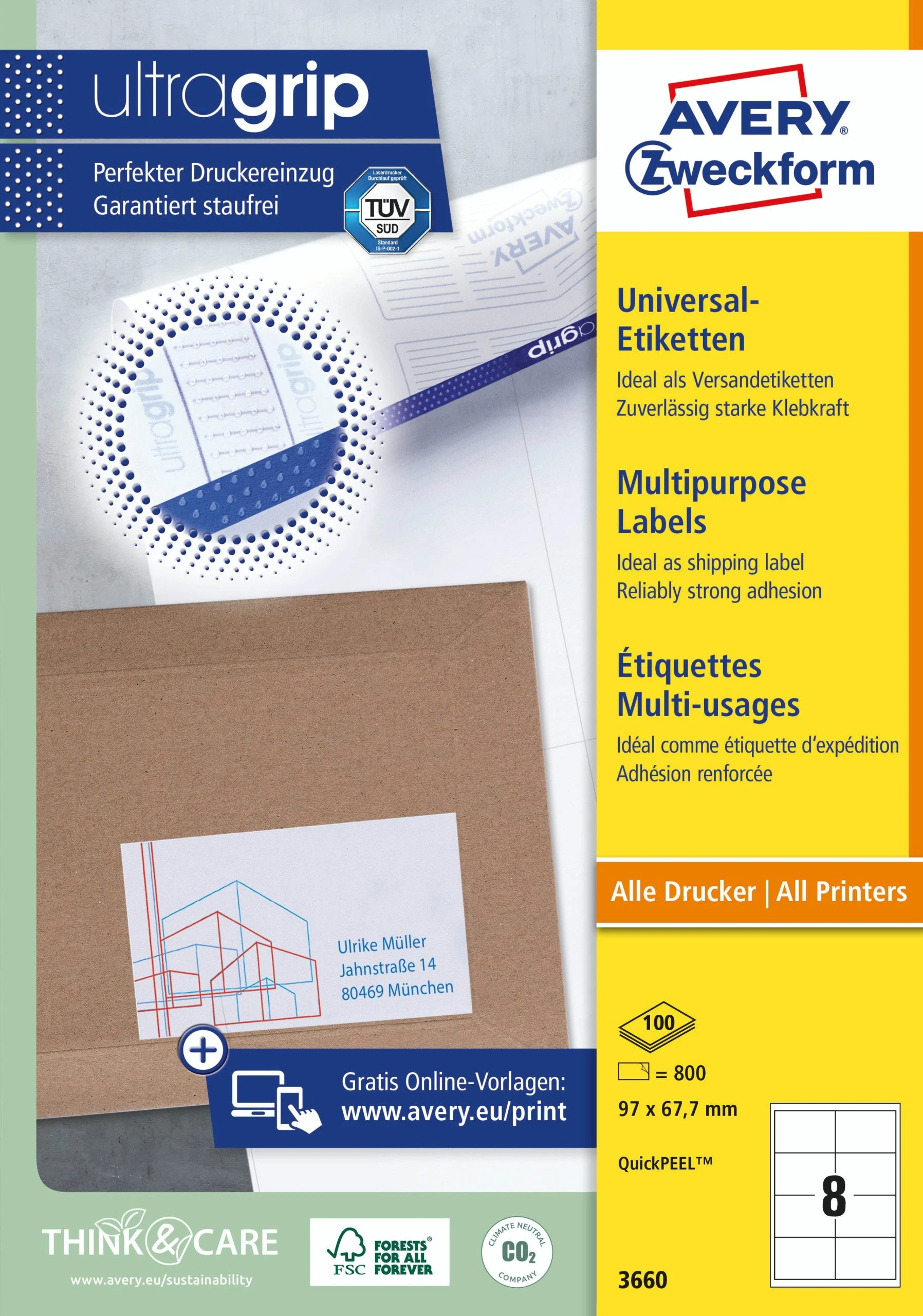 Avery Zweckform 3660 Universal-Etiketten, A4 Mit Ultragrip, 97 X 67,7 Mm, 100 Bogen/800 Etiketten, Weiß 7 Avery Zweckform 3660 Universal-Etiketten, A4 Mit Ultragrip, 97 X 67,7 Mm, 100 Bogen/800 Etiketten, Weiß – Bild 7