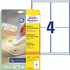 Avery Zweckform L4733REV-25 Universal-Etiketten, Ablösbar, A4, 99,1 X 139 Mm, 30 Bogen/120 Etiketten, Weiß